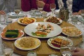 Cold appetizers: jellyfish, cucumber, chicken, tofu, squid, cucumber rolls with pork